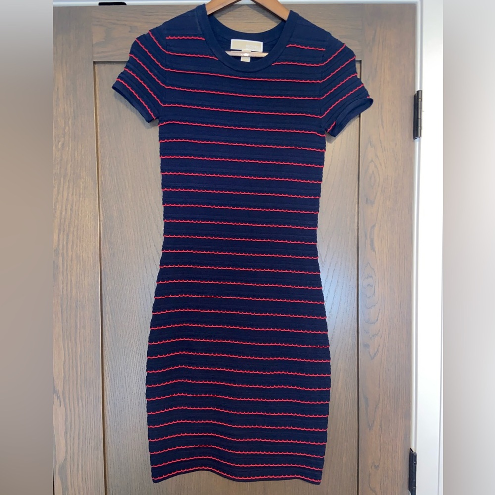 Michael Kors Ruffled Stripe Stretch-Viscose Dress (Navy/Red)